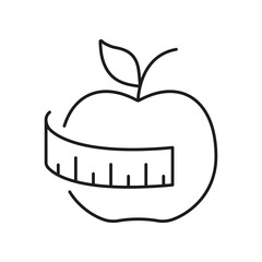 Apple Wrapped With Measuring Tape Outline Icon, Weight Control And Diet Fitness For Healthy Eating Line Icon. Isolated Vector Illustration