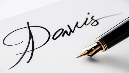 A stylish fountain pen poised above a paper with an elegant signature, suggesting sophistication and creativity.