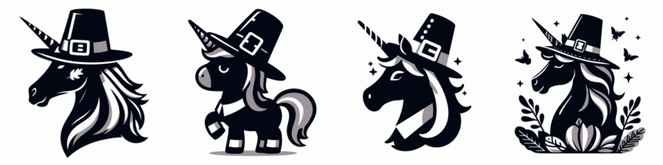Four whimsical unicorn illustrations featuring hats, showcasing different styles and designs, embodying a playful fantasy theme.