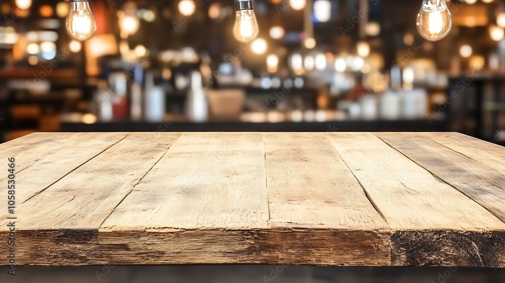 Poster wooden tabletop with blurred bar background minimalist white background with space for text