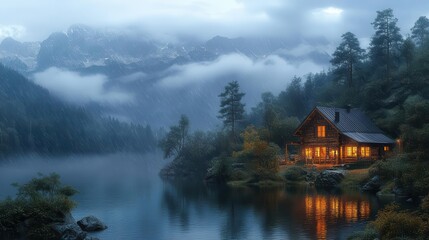 Obraz premium a cozy cabin nestled among majestic mountains provides a breathtaking view, with rain gently falling, creating a serene and peaceful atmosphere in nature