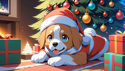 Adorable Puppy in Christmas Hat Under Tree