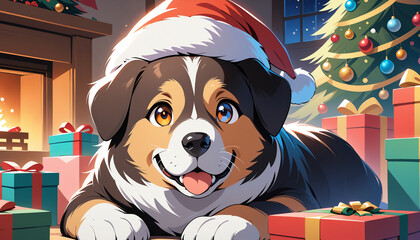 Adorable Puppy in Christmas Hat Under Tree