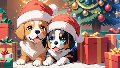 Adorable Puppy in Christmas Hat Under Tree