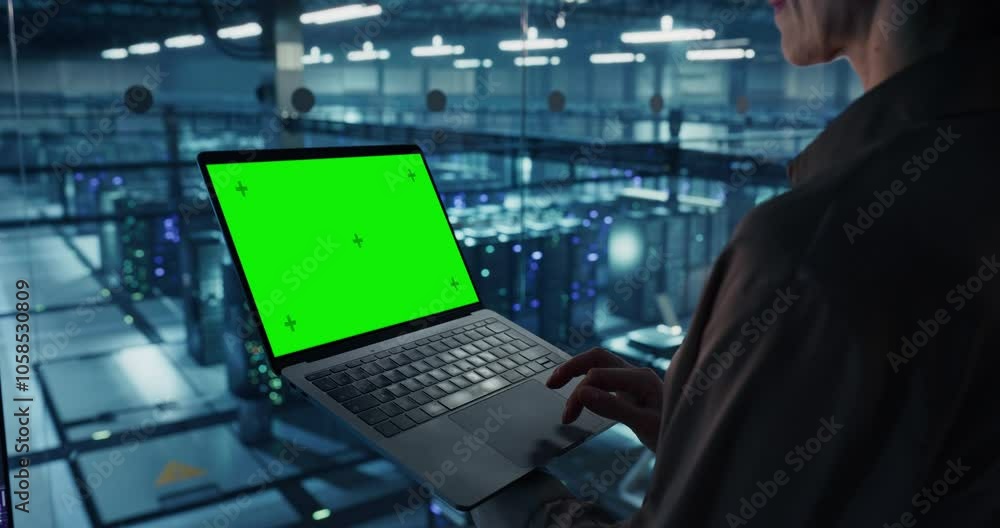 Aufkleber Female Cybersecurity Expert Standing in Office, Working on Her Laptop Computer with Green Screen Mock Up Template on Display in a Modern Facility of a Data Center with Server Racks