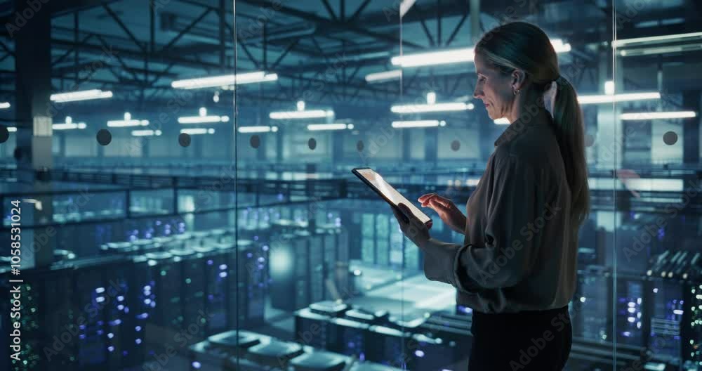 Poster Female DevOps Engineer Monitoring Automation Scripts on Her Tablet Computer, Streamlining Processes of the Data Center IT Infrastructure. Software Specialist Working in Data Protection Field