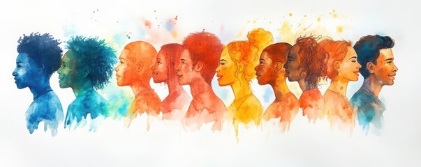 Watercolor painting of voters from different ethnicities in a queue, joyful expressions, cartoonish yet realistic