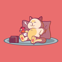 Cute Cat Character relaxing watching TV vector illustration. Mascot, Pet design concept.