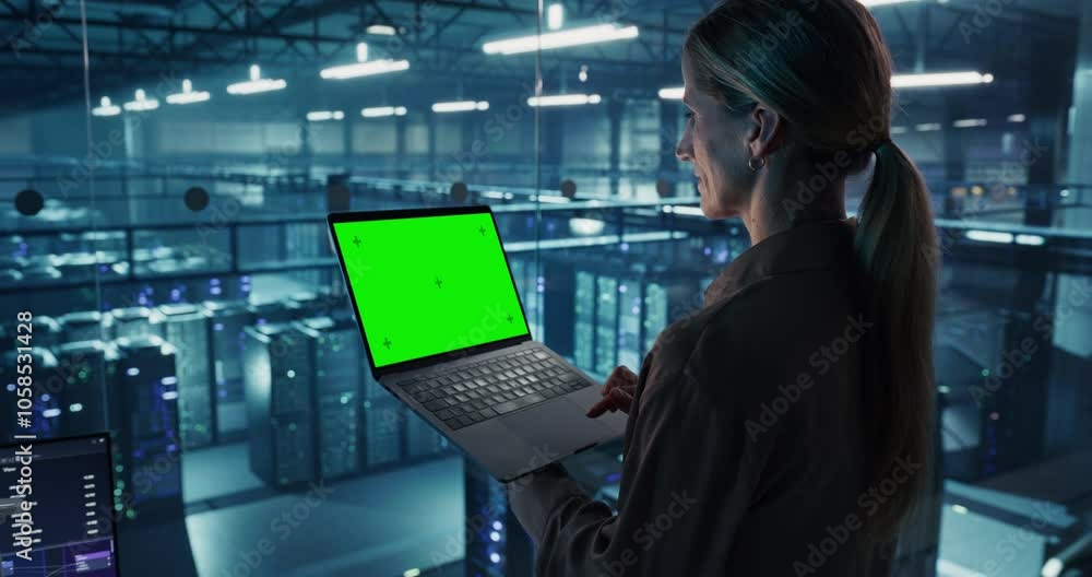 Poster portrait of a female systems administrator standing in a glass office, adjusting configuration setti
