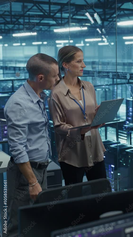 Aufkleber vertical screen: male and female software engineers using laptop computer in a modern ai training da