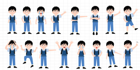 Fototapeta premium set of variant poses boy uniform school. blank banner cartoon. boy and blackboard room school. funny little boy is crying, and posing with his hands folded on his waist