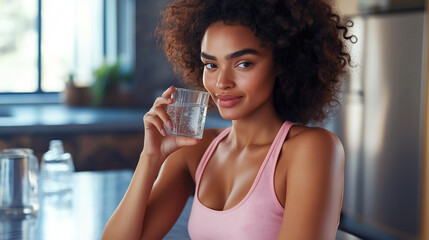 A cheerful woman in pink gym clothes smiles while enjoying a fresh drink.