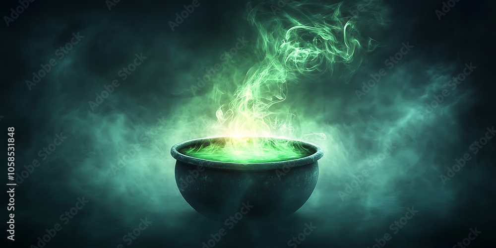 Poster green potion in a cauldron simple neutral background with free space for design