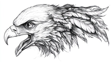 A detailed sketch of an eagle's head with intricate feather designs.
