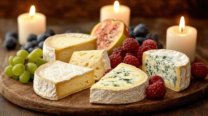 Gourmet cheese platter with fruits and candles on wooden board.