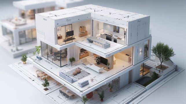 3d blueprint plan of smart home with icons IOT devices. Smart home conceptual banner. Building House system internet of things. IOT in Smart Home technology. System remote controls domestic devices.