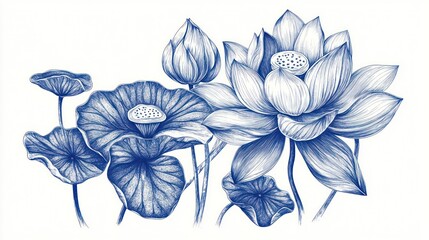 A detailed illustration of lotus flowers and leaves in blue and white tones.