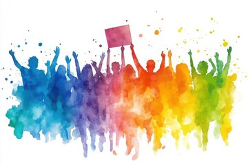 Fototapeta premium Voters cheering after casting their ballot, a vibrant rainbow of colors in watercolor style, cartoonlike simplicity