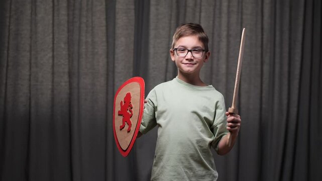 Portrait of a boy knight with a wooden sword and shield