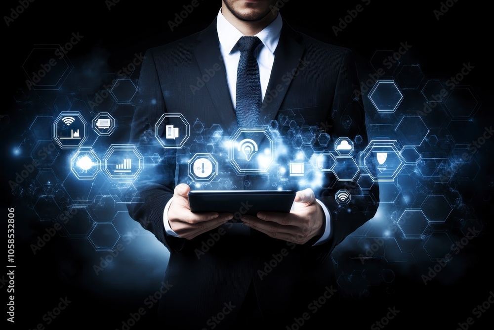 Poster businessman holding tablet with futuristic digital interface for ai and data analytics