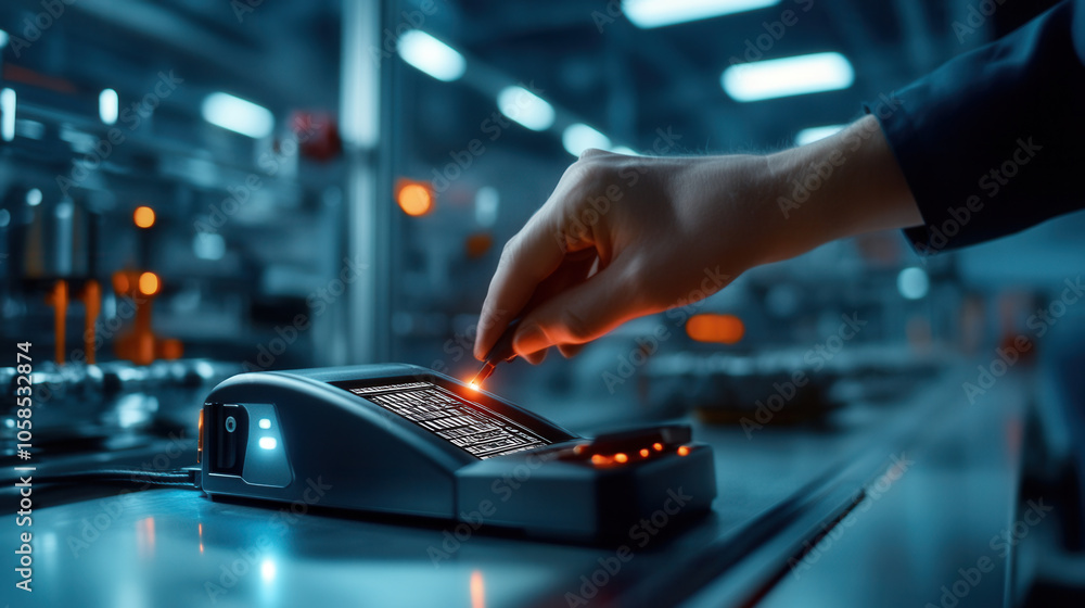 Poster hand interacting with industrial barcode scanner in modern workspace, showcasing technology in actio