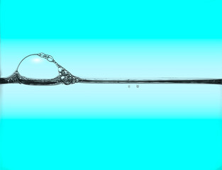 A minimalistic close-up of bubbles forming on a thin line of liquid against a soft blue gradient background.