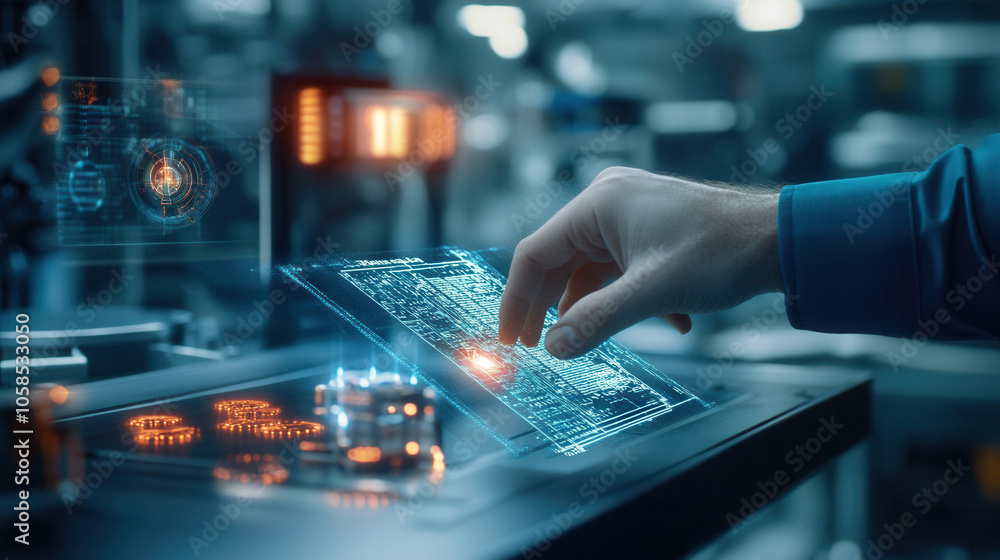 Poster close up of hand interacting with futuristic holographic interface, showcasing advanced technology a