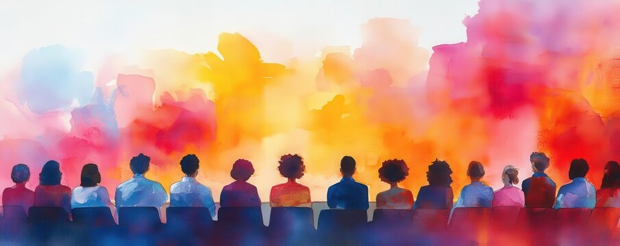 Cartoon of diverse community members engaged in a town hall discussion, soft watercolor touches emphasizing unity