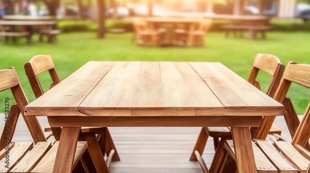 Poster empty wooden table with chairs in garden subtle blur background with space for custom text