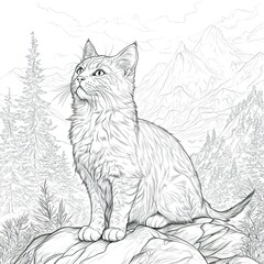 Obraz premium Intricate Cat Coloring Page in Forest Setting.