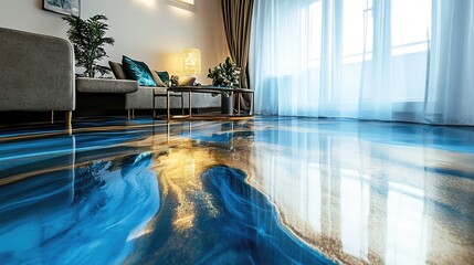 Chic room with epoxy marbled floor and metallic finishes, capturing the elegance of high-end, modern interior design.