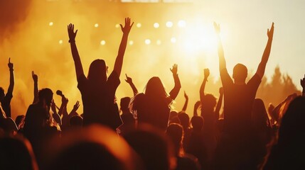 Fototapeta premium Friends enjoying an outdoor concert, dancing with joy, energetic atmosphere