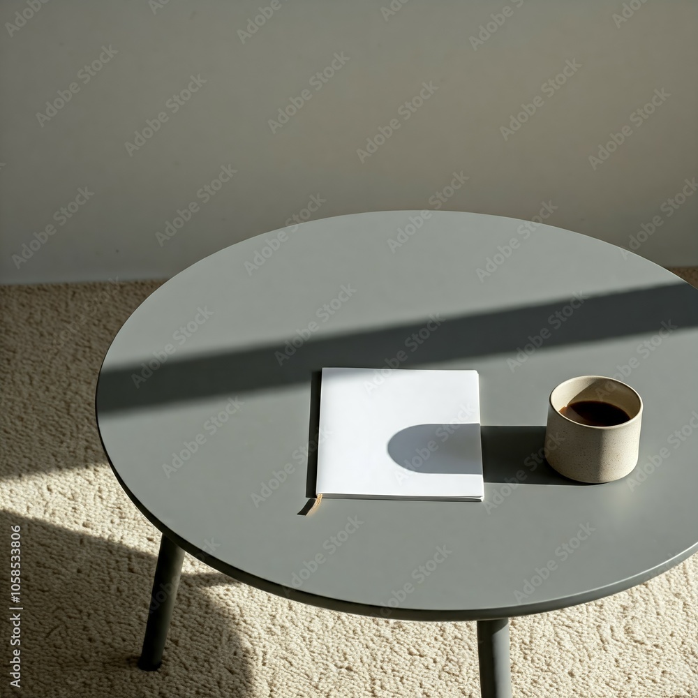 Poster round table with a book and cup casting shadows in sunlight.
