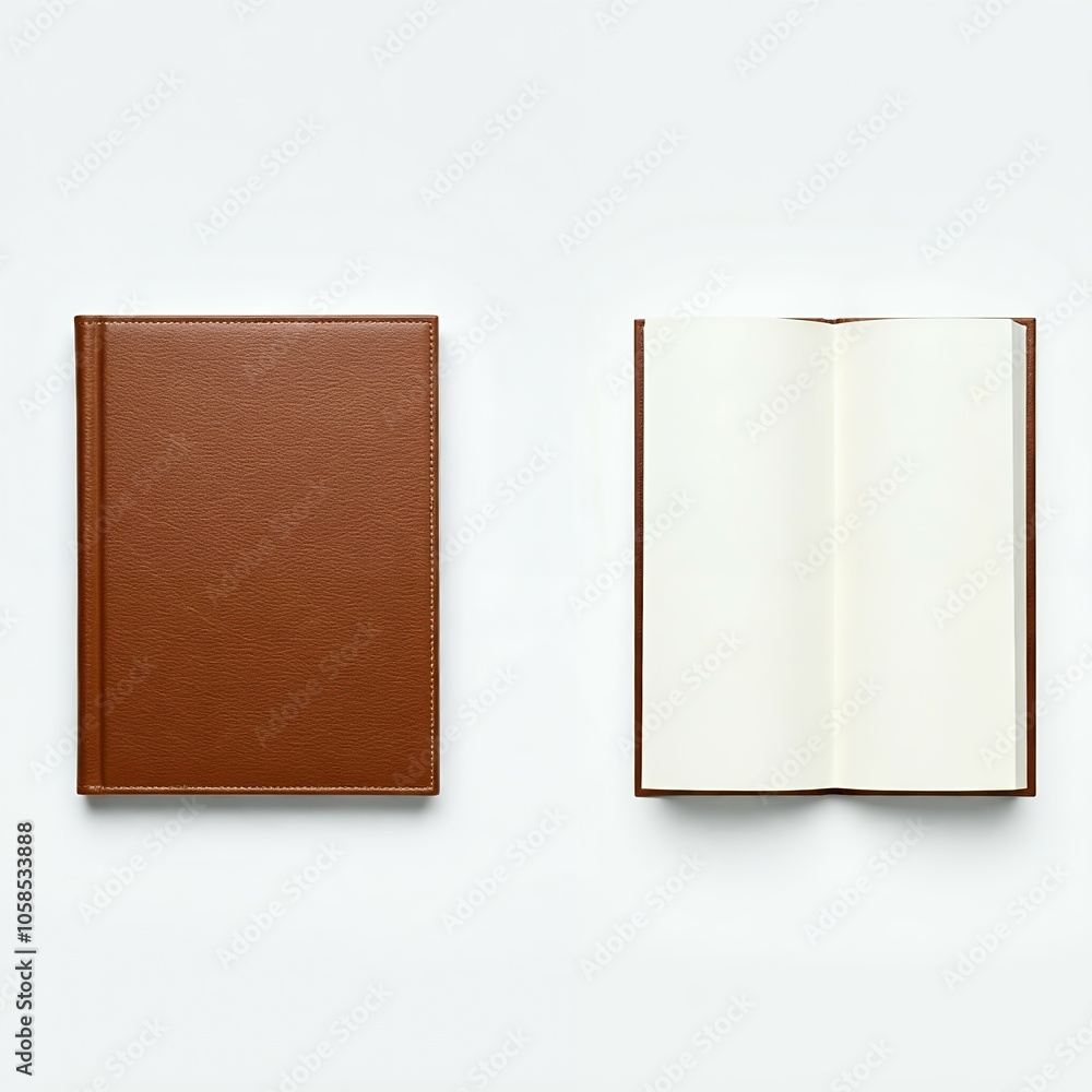 Poster a closed brown book on the left and the same book open with blank pages on the right.