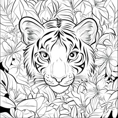 Obraz premium Cute Cartoon Tiger Coloring Page with Floral Background.