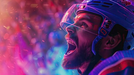 A Hockey Player Exulting After Scoring a Goal, Set Against a Vibrant Crowd Cheering in the Background, Softly Blurred to Highlight the Player's Joyous Moment