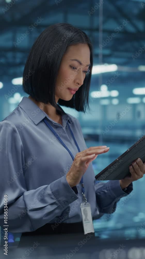 Leinwandbilder vertical screen: asian female manager studies online reports on her tablet computer, standing in a m