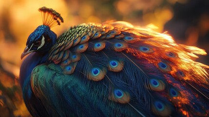 Obraz premium Close-up of a peacock's feathers glowing in the warm sunset light, displaying its brilliant colors in a peaceful evening scene.