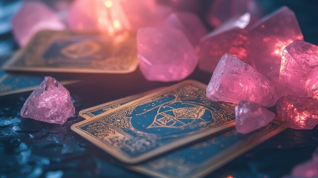 Close-up of tarot cards and pink crystals on a dark surface, a mystical arrangement evoking magic and intuition.