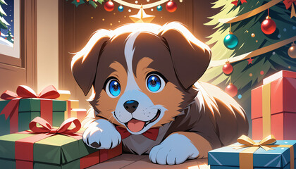 Joyful Puppy Surrounded by Christmas Gifts