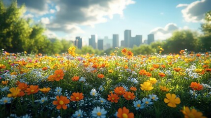 a flourishing urban green space bursts with vibrant wildflowers, offering a beautiful contrast to the surrounding concrete of a bustling city, showcasing nature's resilience amid urban life