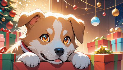 Joyful Puppy Surrounded by Christmas Gifts