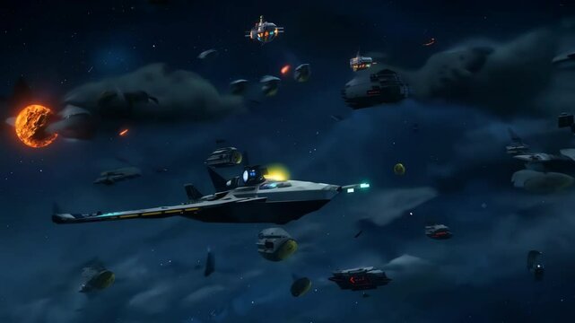 Futuristic spaceships epic battle among cosmic clouds. Bright laser beams illuminate dark expanse of space. Swirling galaxy background. Planets asteroids. Dynamic illustration interstellar adventures.