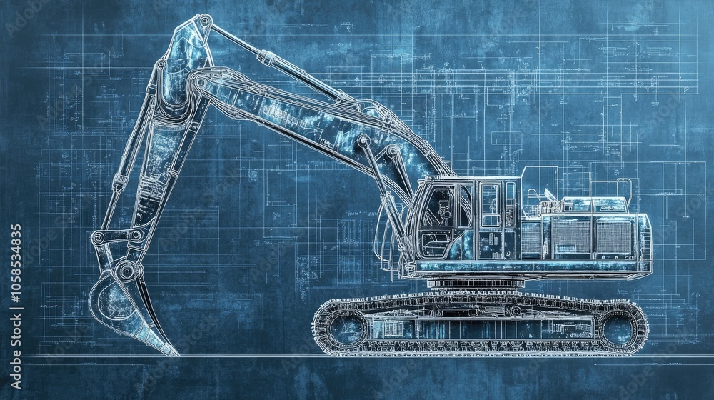 Poster detailed engineering render of an excavator with blueprint overlay, showing the mechanical design an