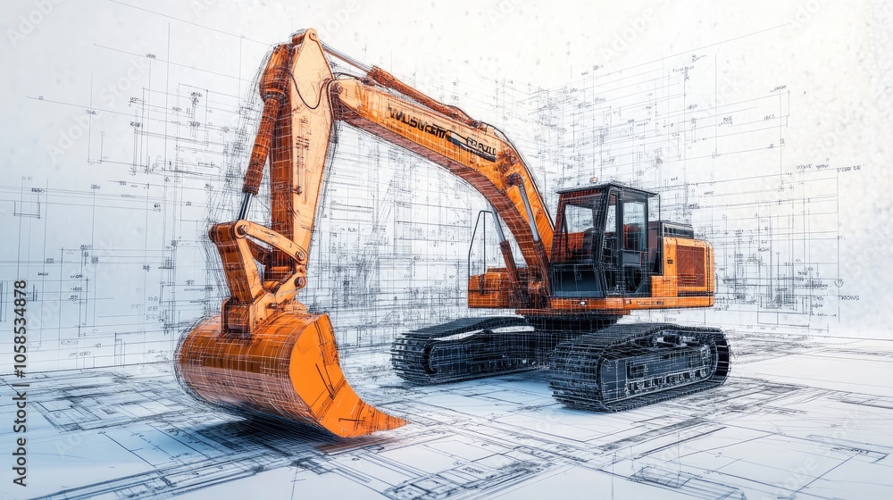 Poster detailed engineering render of an excavator with blueprint overlay, showing the mechanical design an