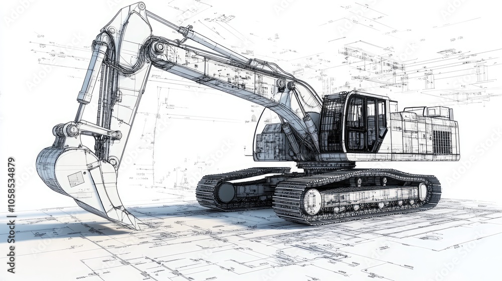 Poster detailed engineering render of an excavator with blueprint overlay, showing the mechanical design an
