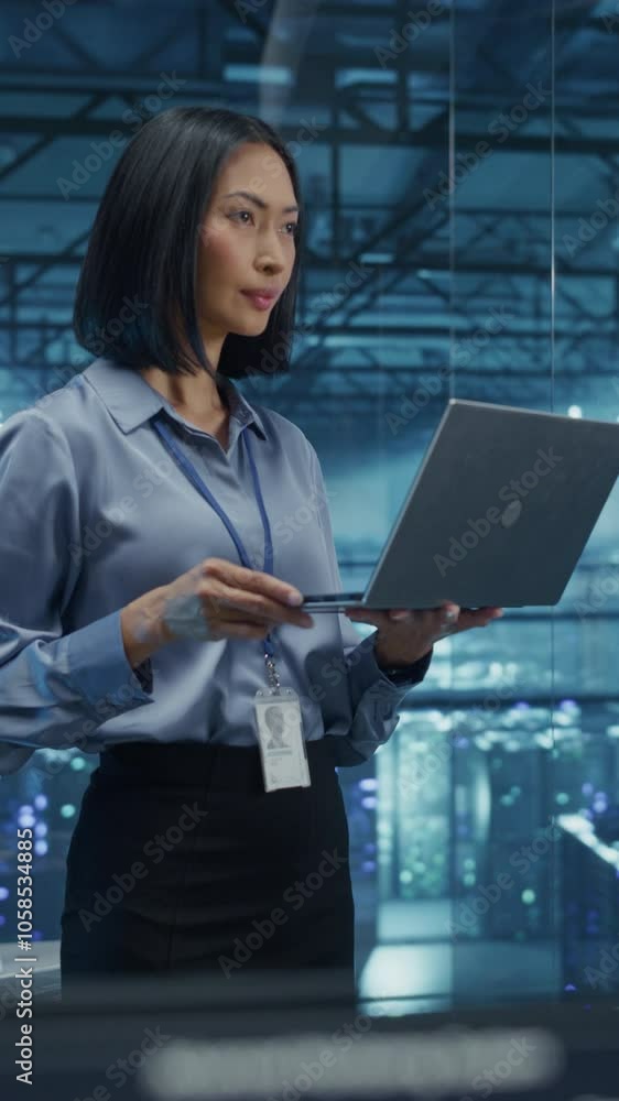 Aufkleber Vertical Screen: Asian Software Developer Analyze System Performance Metrics on a Laptop Inside a Modern Data Center. Young Female Manager Ensuring Efficient Operations for Critical Infrastructure
