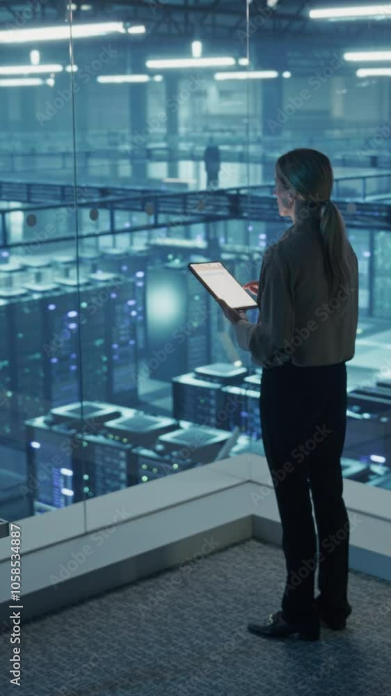 Leinwandbilder vertical screen: female cybersecurity expert standing with her back to camera, works on her tablet i
