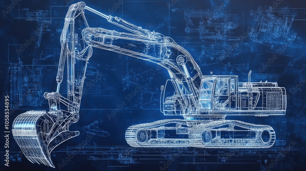 Poster detailed excavator design with technical blueprint overlay, highlighting intricate parts and enginee