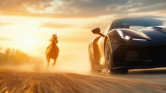 sleek sports car racing alongside galloping horse at sunset, creating dynamic and thrilling scene. dust and light enhance dramatic atmosphere